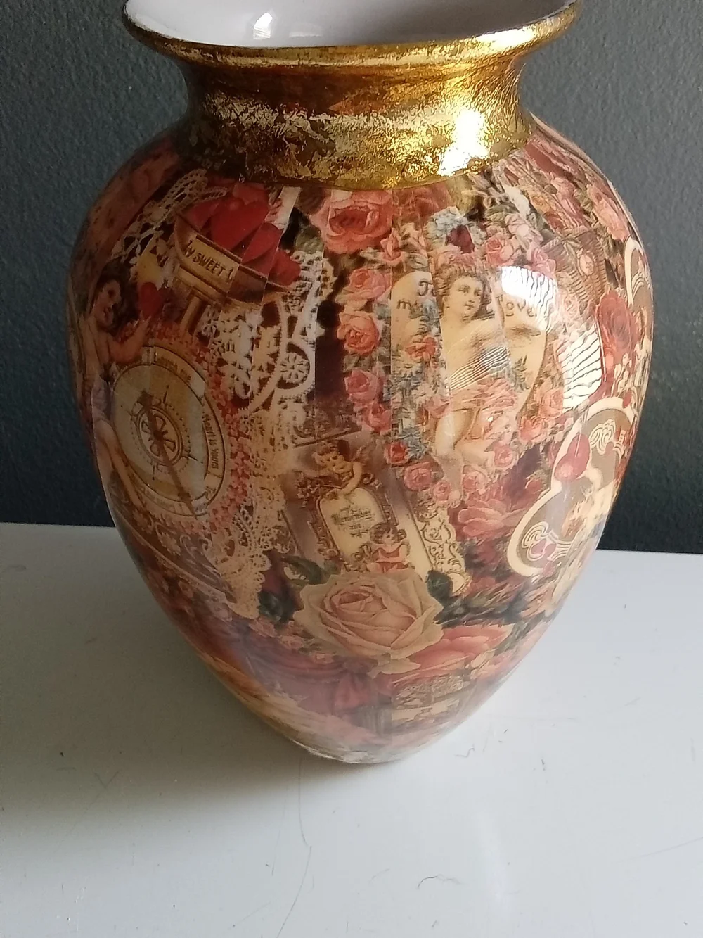 Vintage Victorian Cherub Rose Decoupage Ceramic Vase Gold Rim Cottagecore